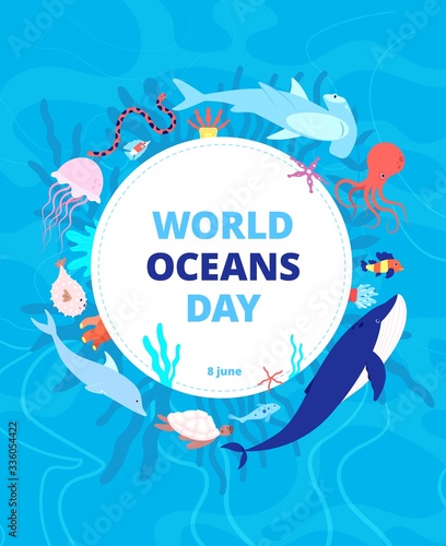 Oceans day. Clean sea, earth water. World ocean celebration background. Wild animals, shark dolphin. Environment ecosystem vector banner. Global aqua habitat, help fish and sea animals illustration