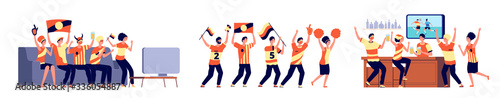 Football fans. Watch soccer, sport game match watching. Friends in beer bar, people at home support team with flags vector illustration. Fan game soccer, football tv group