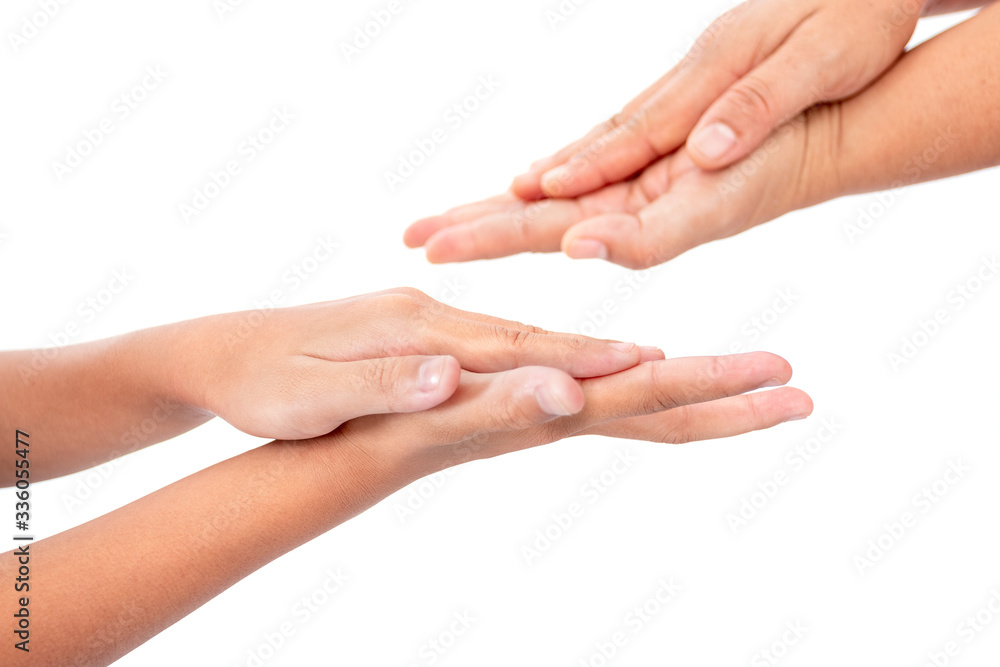 During the coronavirus epidemic mother teaches children to wash their hands with alcohol gel isolated on white background. During the coronavirus epidemic mother teaches children to wash their hands with alcohol gel isolated on white background.