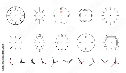 Clock faces. Modern wall watch face design. Isolated dials with needles, numbers and arrows. Black minimalistic timepiece vector symbols. Time and clock, number hour and second illustration