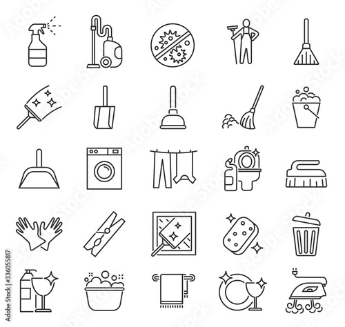 Cleaning service. Outline clean symbols, householding. Laundry housework cleaner. Mirror glass, towel and water simple vector line icons. Housework laundry, clean and wash icon outline illustration