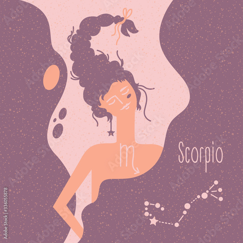 Zodiac esoteric vector sign Scorpio with tender mystic woman in a pink palette. Modern creative design