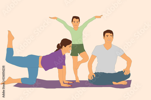 illustration of the multi-ethnic family meditating in fitness room on the city background.