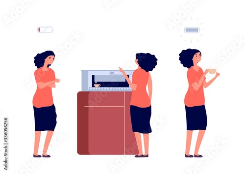 Coffee break. Woman recharged energy. Energetic drink for businesswoman. Creative female with espresso or cappuccino cup. Office lunch time vector illustration. Woman break coffee, energy beverage