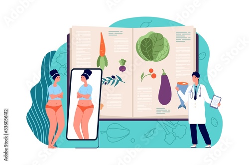 Diet concept. Weight loss with doctor, medical nutrition. Obesity depression, sad overweight woman. Healthy lifestyle vector illustration. Loss weight and diet for healthy, food dieting recommend,