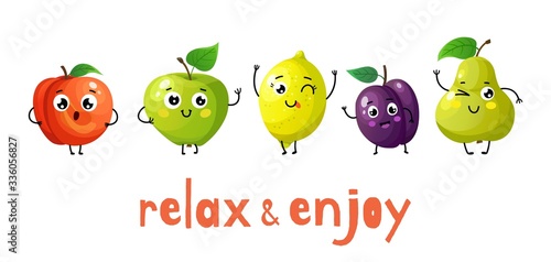 Funny fruits. Cartoon baby fruit, summer sweets. Isolated apple, peach and plump. Healthy food vector banner. Apple and peach healthy, pear and plump nutrition illustration