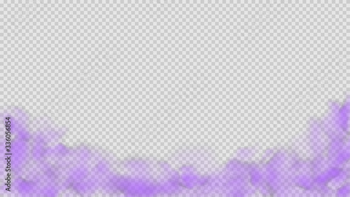 Purple smoke isolated on transparent background. Bright vector cloudiness, mist or smog background. Steam special effect. Realistic colorful fog or mist texture. Vector illustration of purple smoke.