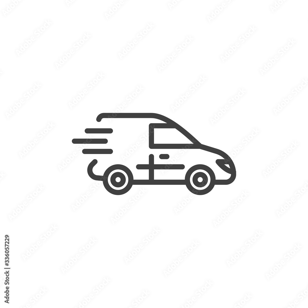 Express delivery van line icon. linear style sign for mobile concept and web design. Fast delivery service outline vector icon. Symbol, logo illustration. Vector graphics Express delivery van line icon. linear style sign for mobile concept and web design. Fast delivery service outline vector icon. Symbol, logo illustration. Vector graphics