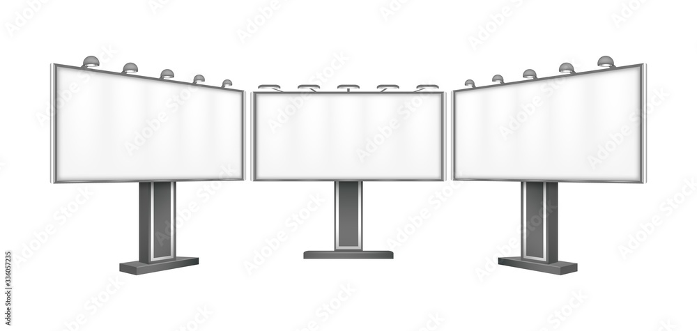 Obraz premium Realistic billboard. Isolated blank street information. Outdoor advertising empty poster sign. 3d light screen or display vector mockup. Advertising fot business, display banner blank illustration