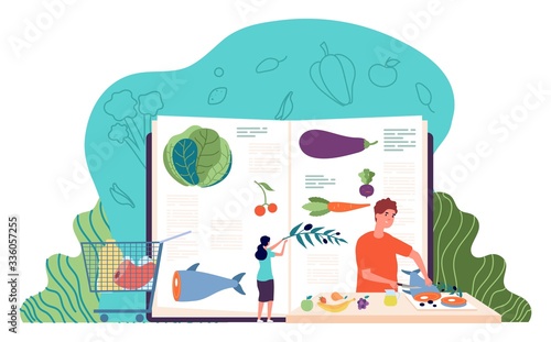 Recipe book. Man cooking healthy food. Culinary concept with tiny people and ingredients. Restaurant, cafe or home kitchen workshop vector illustration. Man preparation food, eco natural dish