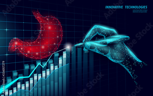 Human stomach 3D low poly render probiotics. Healthy normal digestion growing graph. Modern science medicine allergy immunity thearment vector illustration