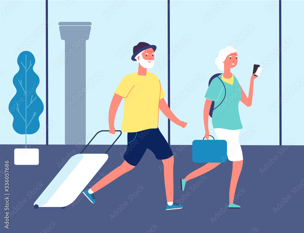 Elderly travellers. Couple in airport with suitcases. Tourists on station or international terminal. Old man and woman happy active lifestyle vector illustration. Elderly tourist, passenger group Elderly travellers. Couple in airport with suitcases. Tourists on station or international terminal. Old man and woman happy active lifestyle vector illustration. Elderly tourist, passenger group