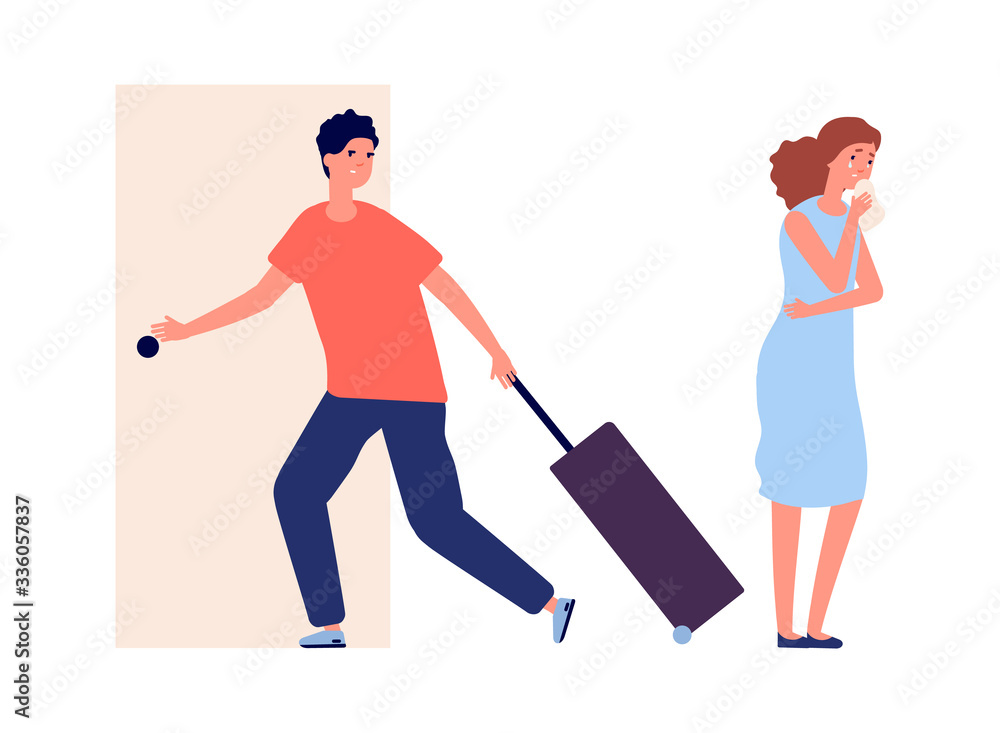 Man leaves home. Family quarrel, crying woman. Divorce, depression and negative people vector illustration. Man and woman divorce, couple problem relationship Man leaves home. Family quarrel, crying woman. Divorce, depression and negative people vector illustration. Man and woman divorce, couple problem relationship