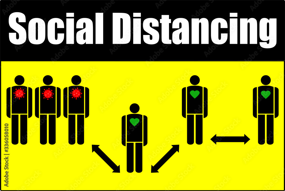 Social distancing, keep distance in public society people to protect from COVID-19 coronavirus. Warning sign.