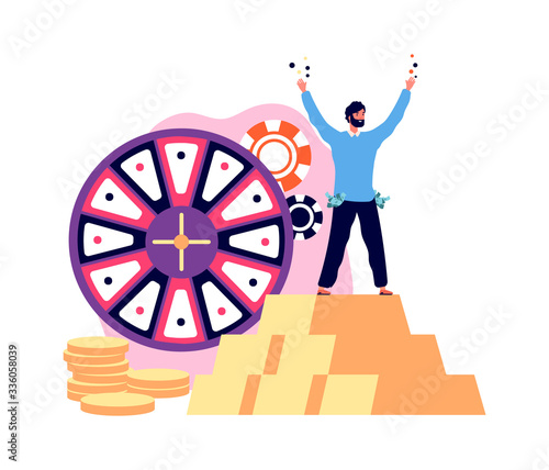 Win jackpot prize. Lucky man casino winner with golden coins. Guy playing lottery, gambling vector illustration. Casino jackpot gambling, chance lucky game