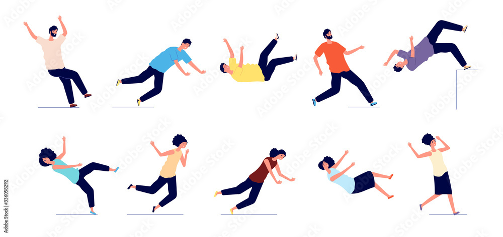 Falling man. People fall from stairs, slip and stumble. Safety persons, dangerous trauma. Young women men accidents vector illustration. Stumble and danger accident, fall man or woman