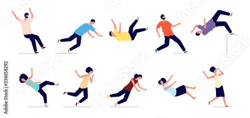 Falling man. People fall from stairs, slip and stumble. Safety persons, dangerous trauma. Young women men accidents vector illustration. Stumble and danger accident, fall man or woman