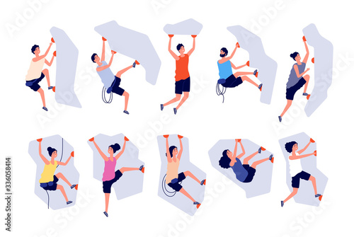 Climbing people. Woman man extreme adventure. Male climbs wall, strong sport. Person on mountain or cliff with equipment vector illustration. Extreme sport climbing, mountain adventure, climb outdoor
