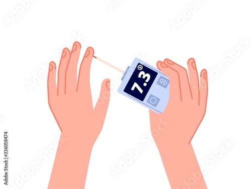Glucose blood test. Glucometer display, sugar level measuring. Diabetic testing or health patient monitoring. Medicine device vector concept. Illustration measuring and self-control hypoglycemia