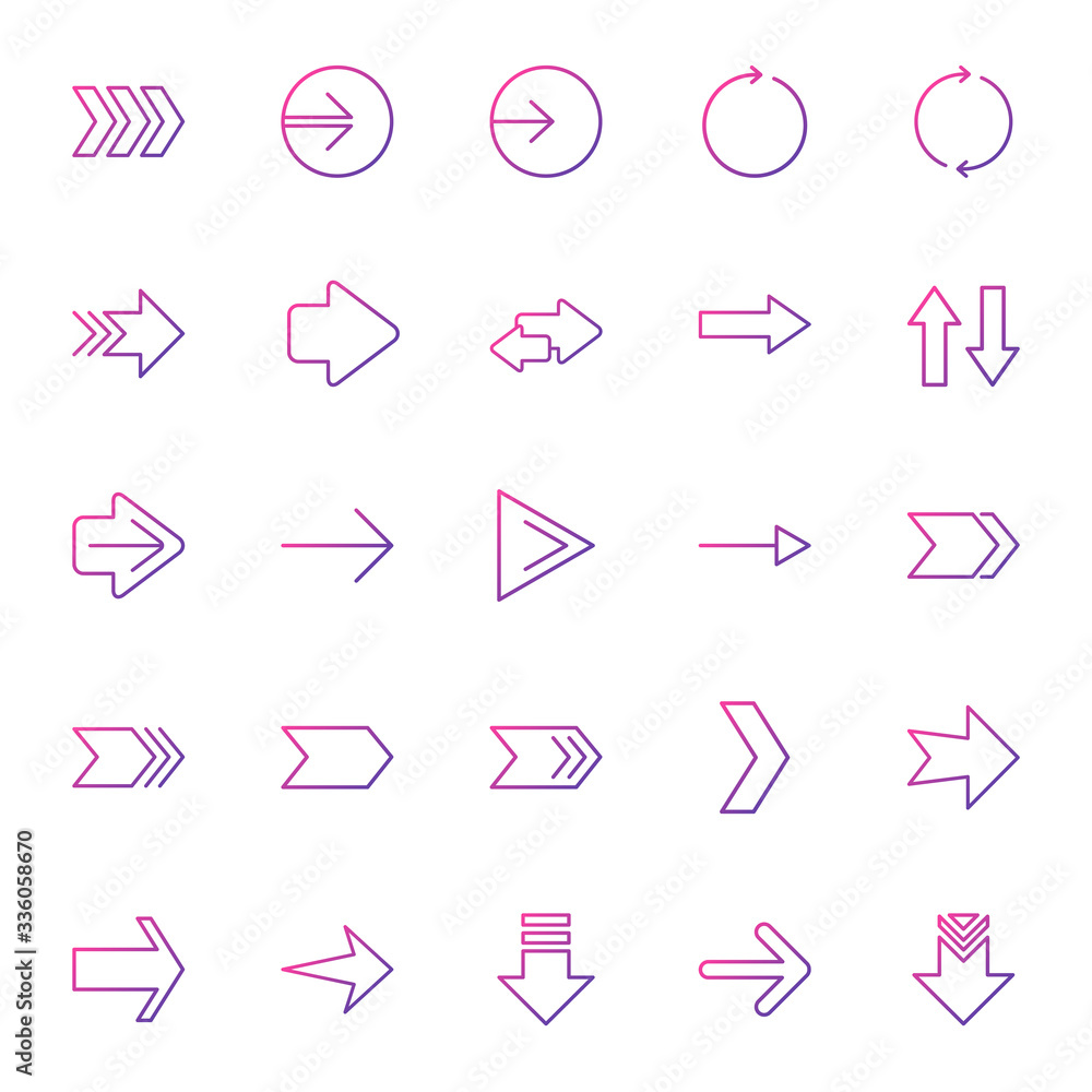Arrows color outline icons. Set of 25 high quality web icons for mobile apps, ui design and print products. Purple gradient arrows Arrows color outline icons. Set of 25 high quality web icons for mobile apps, ui design and print products. Purple gradient arrows