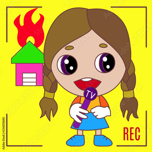 happy girl TV reporter w. microphone that is reporting in live from disaster site, breaking news report about burning house w. roof on fire, emoji with vintage camera REC border inside frame