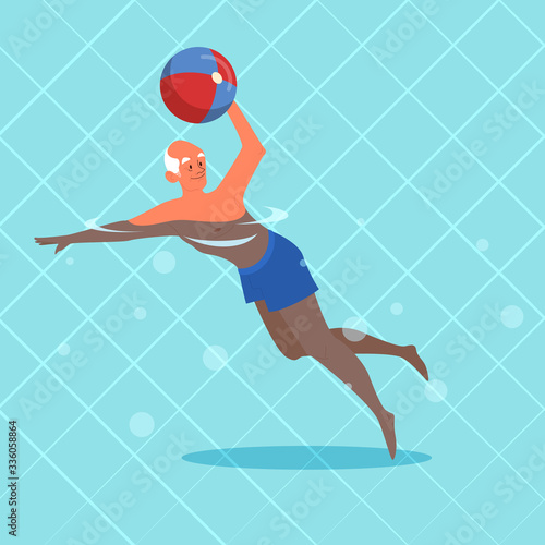 Old man doing exercise with swimming pool ball.