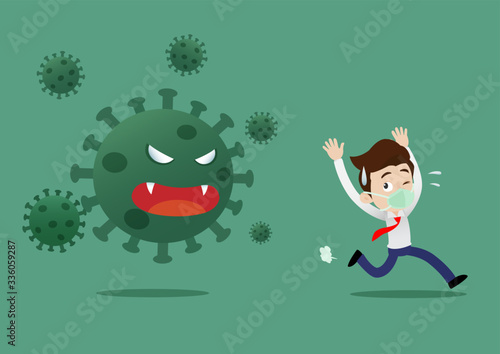 Businessman running away from Coronavirus concept, COVID-19 outbreak