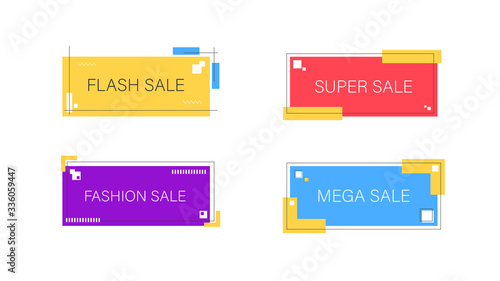 Set of modern flat geometric vector banners for web or presentation. Vivid sale banners for retro poster design style. Fancy colors and cool illustration shapes