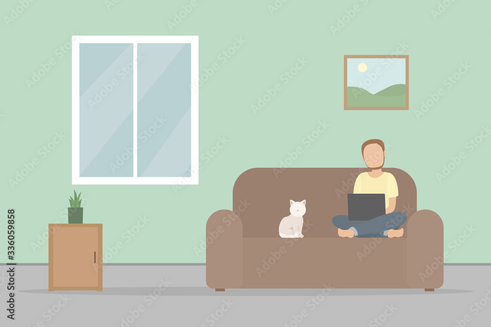 Man sitting on couch with laptop. Vector illustration. Man sitting on couch with laptop. Vector illustration.