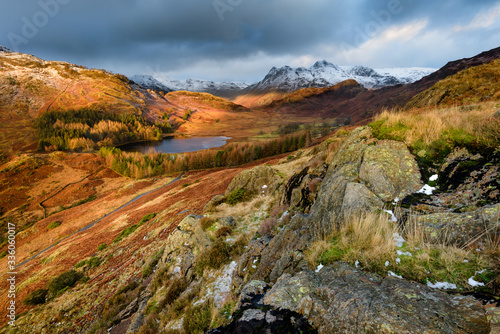 Ultra Wide View Of Dramatic Landscape Blea Tarn With Snow On Langdale Pikes And Dark Moody Clouds. Lake District, UK. © _Danoz