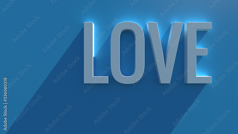 Simple 3d render text on blue background with long shadow and bloom effect. Love word. Simple 3d render text on blue background with long shadow and bloom effect. Love word.