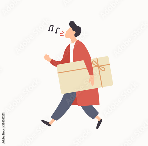 Cheerful cartoon guy carrying gift box with ribbon enjoying sale vector flat ...