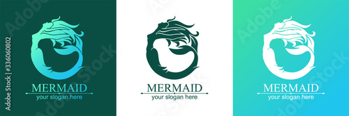 Mermaid logo. Brand template vector illustration. Siren and marine girl with a tail.