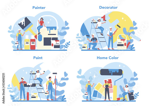 Painter, decorator concept set. People in the uniform paint the wall