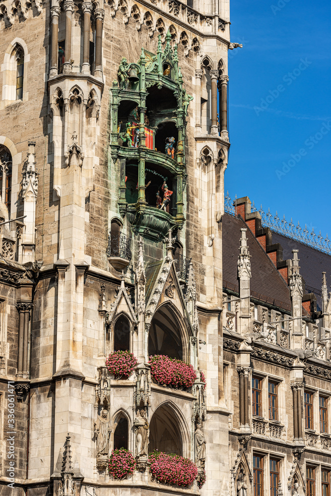 Neue Rathaus and Glockenspiel. Close-up of the New town hall of Munich with the ancient carillon, XIX century in neo-Gothic style in Marienplatz, the main square. Bavaria, Germany, Europe