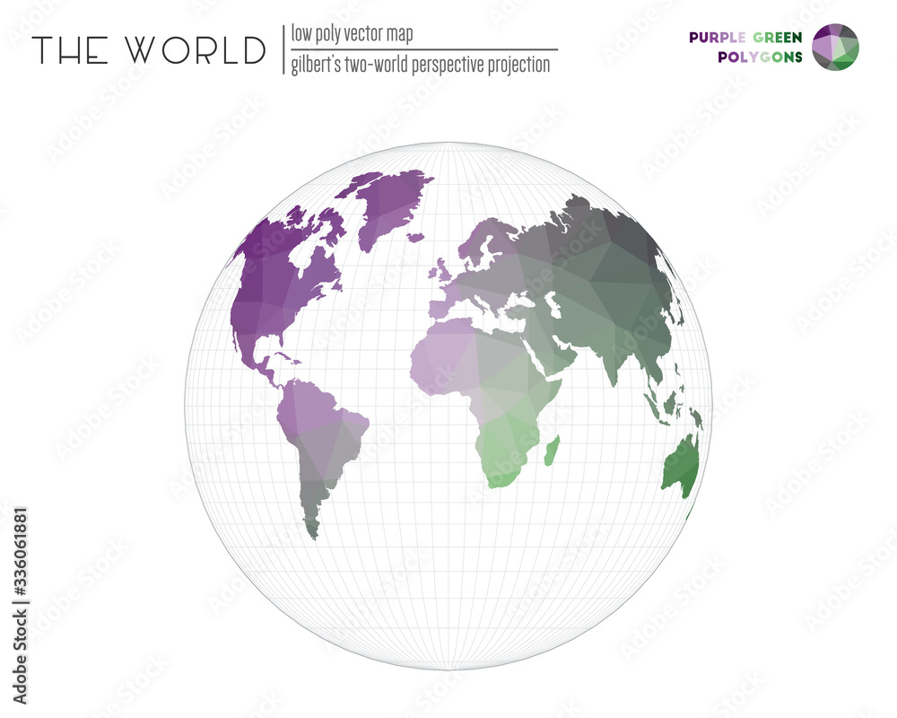 Low poly design of the world. Gilbert's two-world perspective projection of the world. Purple and Green colored polygons. Elegant vector illustration. Low poly design of the world. Gilbert's two-world perspective projection of the world. Purple and Green colored polygons. Elegant vector illustration.