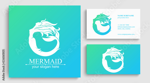 Mermaid logo. Brand template vector illustration. Siren and marine girl with a tail.