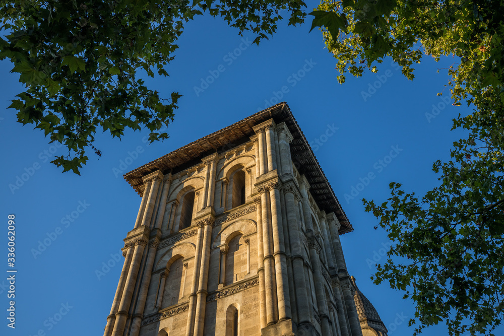 Tower of Sainte-Croix church, the Church of the Holy Cross, a Roman Catholic abbey church located in Bordeaux, southern France.