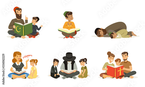 People of Different Religions Collection, Families Traditional Clothes Praying and Reading Religious Books Vector Illustration