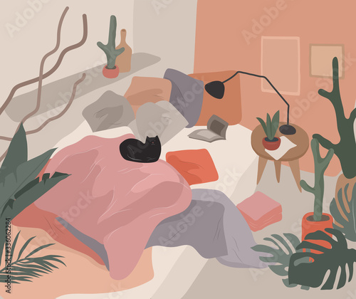 Scandinavian style cozy interior bedroom with homeplants. Cartoon vector illustration. Soft terracota