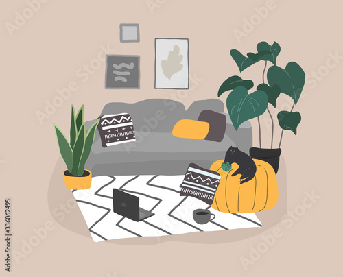 Girl girl sitting and resting on the couch with a cat and coffee. Daily life and everyday routine scene by young woman in scandinavian style cozy interior with homeplants. Cartoon vector