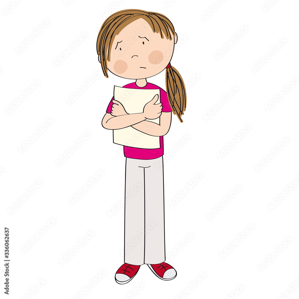 Sad and stressed teenage student standing and holding a list of paper - original hand drawn illustration Sad and stressed teenage student standing and holding a list of paper - original hand drawn illustration