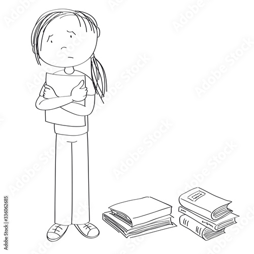 Sad and stressed teenage student standing and holding a list of paper, stack of books around her - original hand drawn illustration