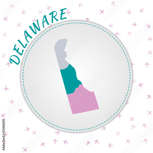 Delaware map design. Map of the US state with regions in emerald-amethyst color palette. Rounded travel to Delaware poster with US state name and airplanes background. Classy vector illustration.