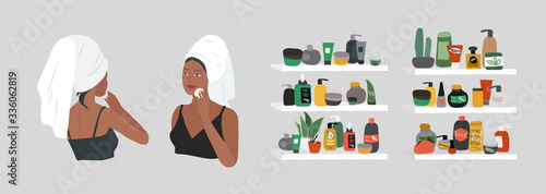 Cute girl front and back view, with towel on head, care for skin, cleanses face and makeup. Natural organic cosmetics products in bottles. Skincare routine set. Cartoon vector