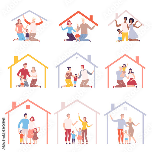 Collection of Parents and Their Children at Home, House Frames with Happy Families Inside Vector Illustration