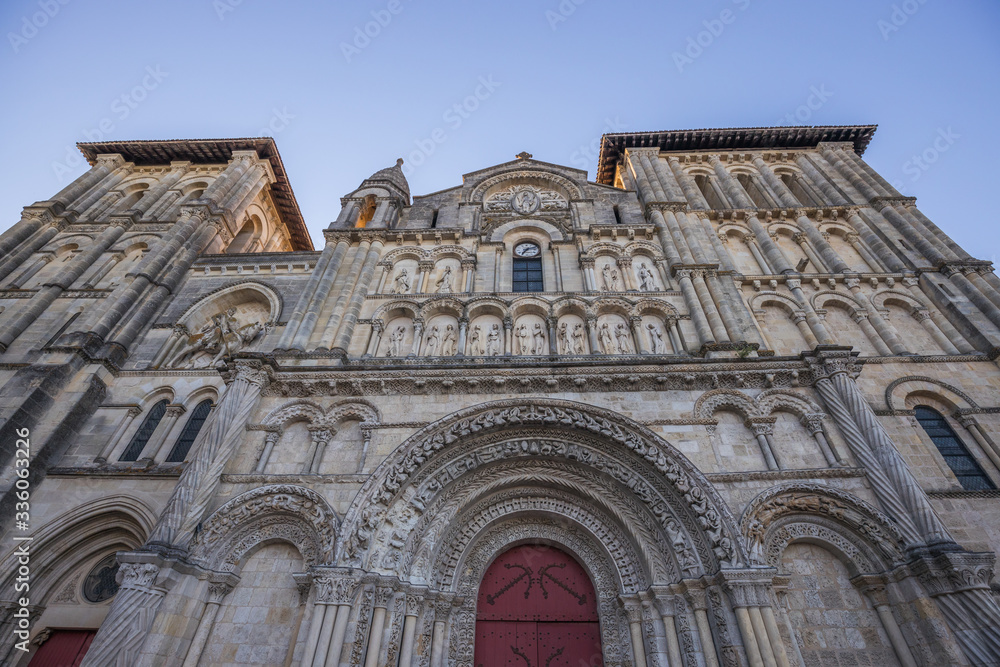 Close-up of Sainte-Croix church, the Church of the Holy Cross, a Roman Catholic abbey church located in Bordeaux, southern France.