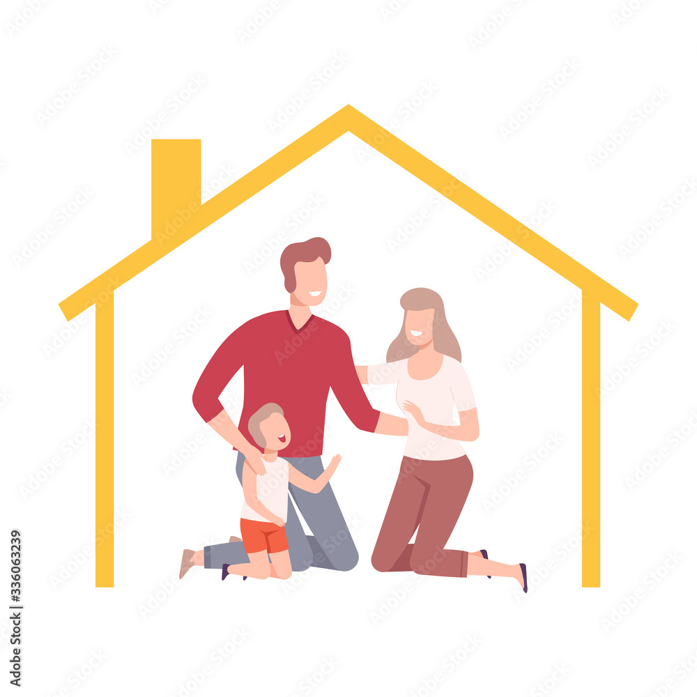 Happy Parents and Their Son at Home, House Frame with Family Inside Vector Illustration Happy Parents and Their Son at Home, House Frame with Family Inside Vector Illustration