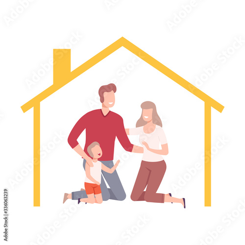 Happy Parents and Their Son at Home, House Frame with Family Inside Vector Illustration