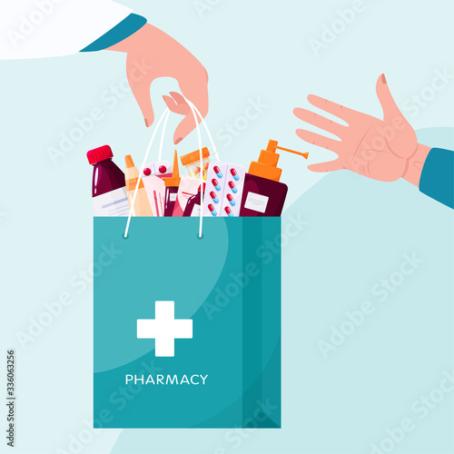 Pharmacy concept. Pharmacist standing and holding a big bag